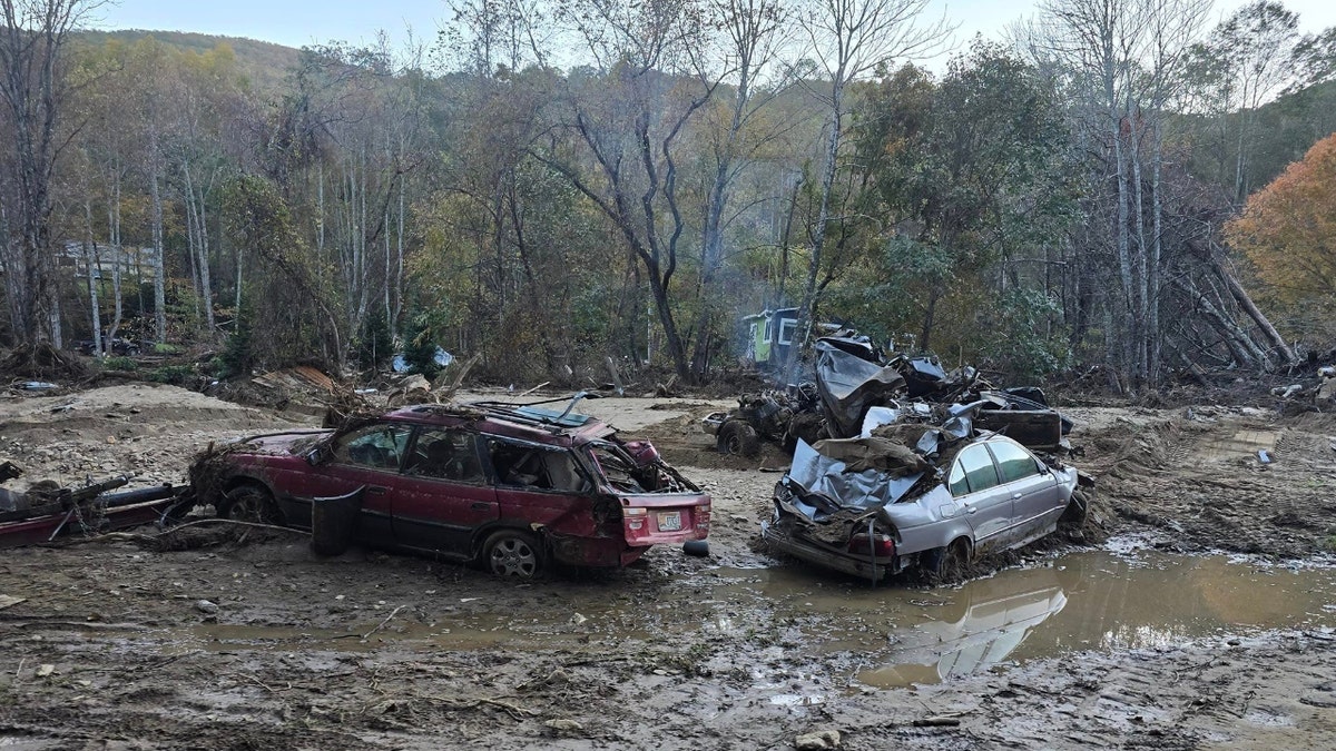 Two destroyed cars in Gerren Creek after Helene