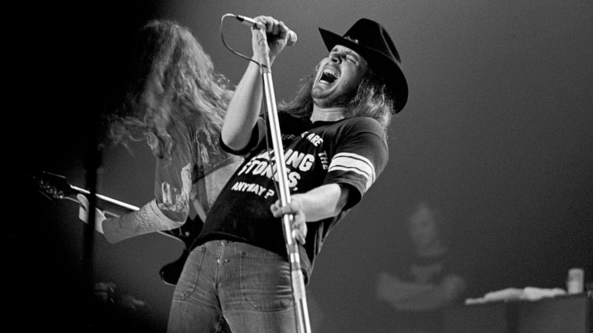 Singer-frontman Ronnie Van Zant of Lynyrd Skynyrd is shown performing at the Omni Coliseum on July 5, 1975, in Atlanta, Georgia. 