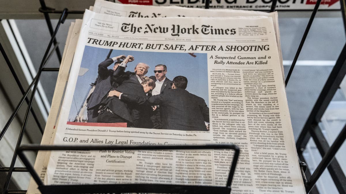 A front-page article from the New York Times after the first assassination attempt on former President Trump.