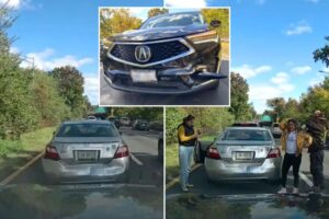 Chaotic footage shows suspected fraudsters reverse into car, fake injuries before noticing dashcam on NYC’s Belt Parkway