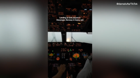 Flight attendant’s viral video shows pilots landing in heavy rainstorm