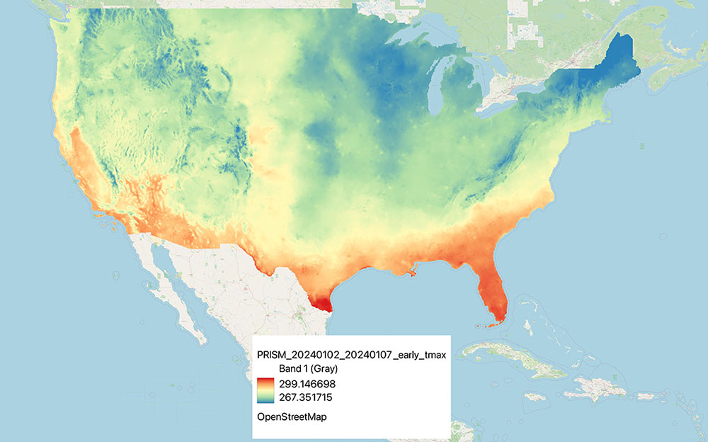 A temperature distribution map of the United States with color gradients from blue to red, aiding climate modeling for agriculture and environmental decision-making.