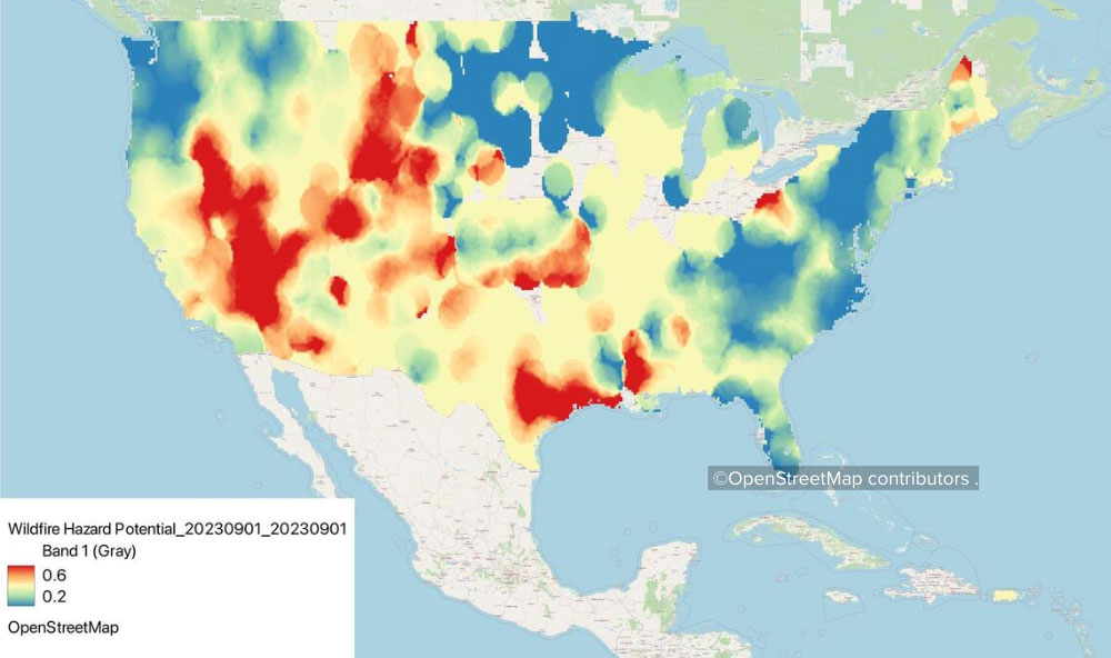 A wildfire hazard map of the United States displaying high-risk areas with red and yellow heatmap overlays to support disaster planning and resiliency efforts.