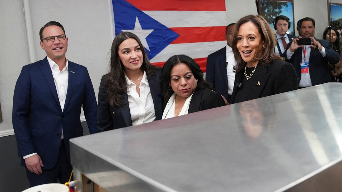 Kamala Harris and Alexandria Ocasio-Cortez and Gov. Josh Shapiro