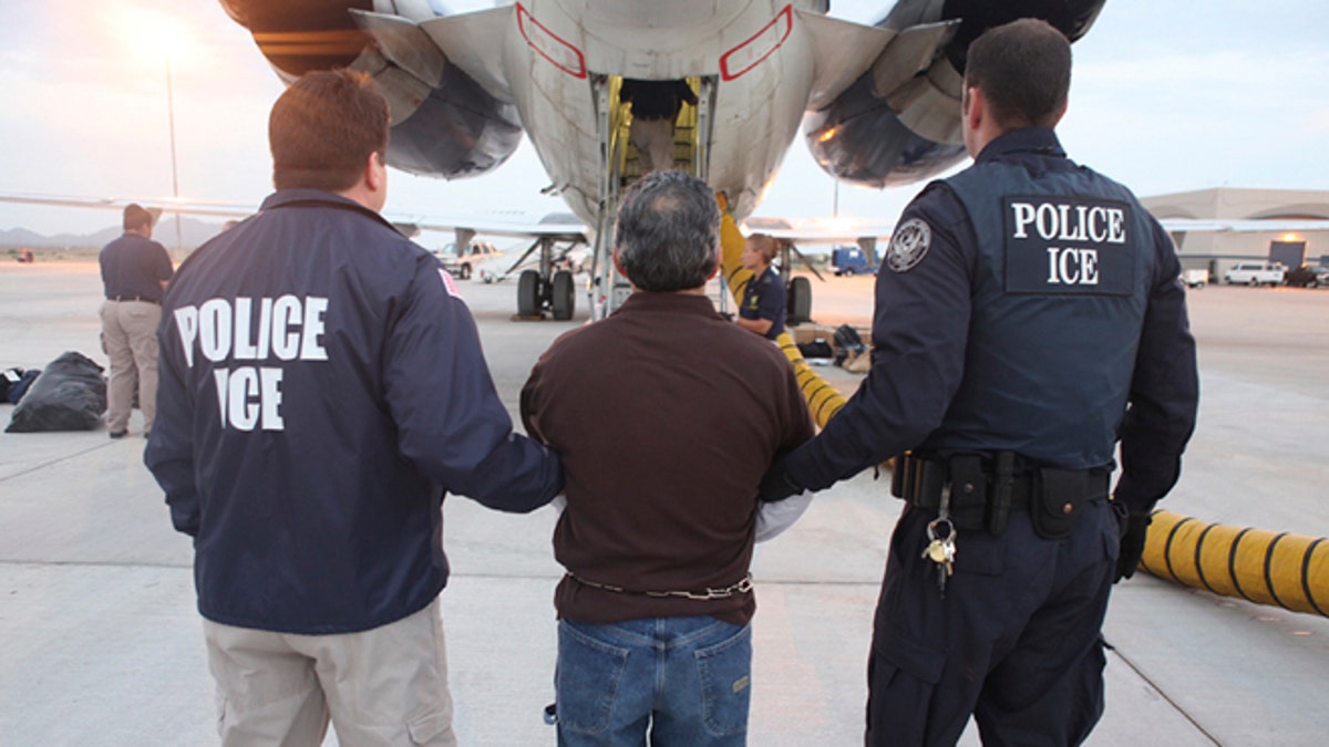 This file photo shows U.S. Immigration and Customs Enforcement (ICE) officials. 