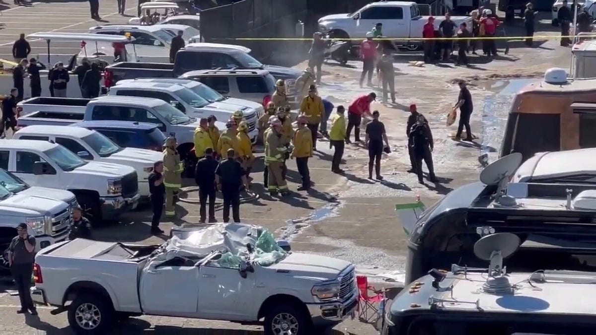 First responders near damaged truck, plane