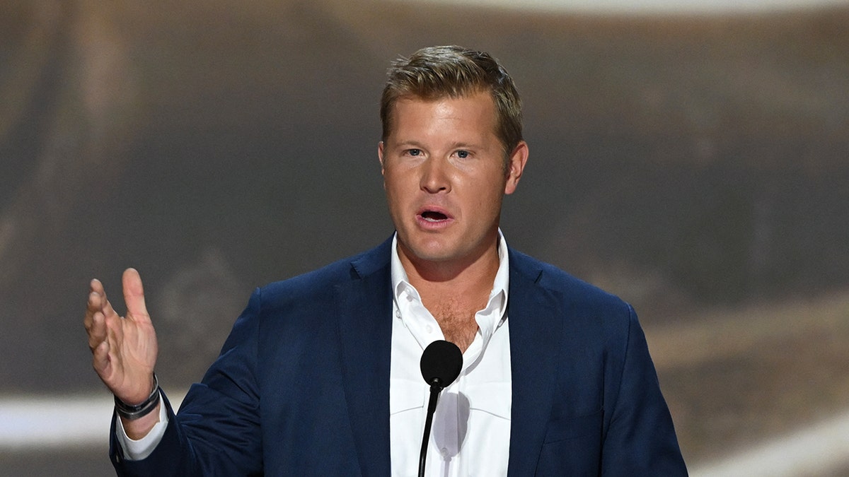 U.S. Senate candidate from Montana Tim Sheehy speaks during the second day of the 2024 Republican National Convention at the Fiserv Forum in Milwaukee on July 16, 2024.