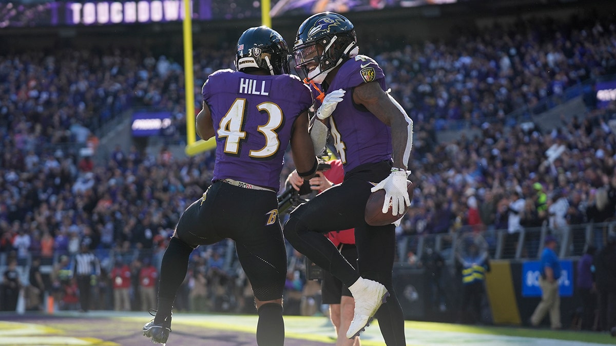 Zay Flowers celebrates touchdown