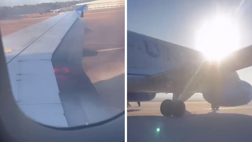 Video shows wing of United Airlines plane catching fire during takeoff at Houston airport