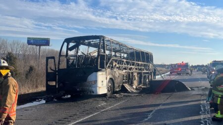 College basketball team evacuates bus before it goes up in flames on highway