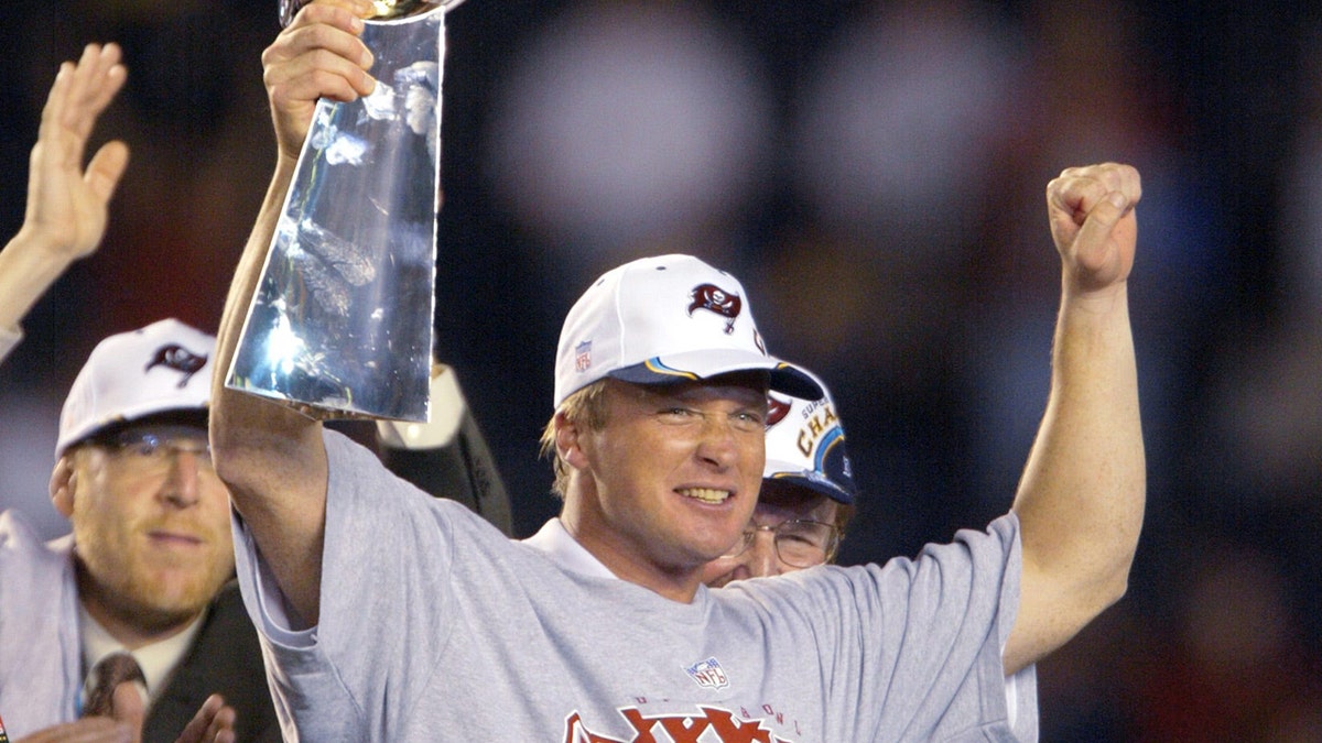 Jon Gruden celebrates Super Bowl