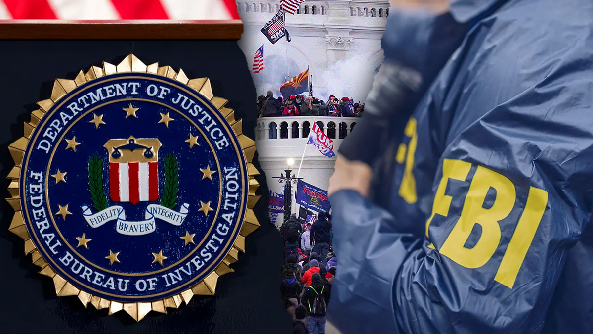 The FBI logo, U.S. Capitol riot, and jacket of a U.S. FBI agent are seen in this group of photos from AP Images. (Photo credit AP Images/Emma Woodhead, Fox News Digital)