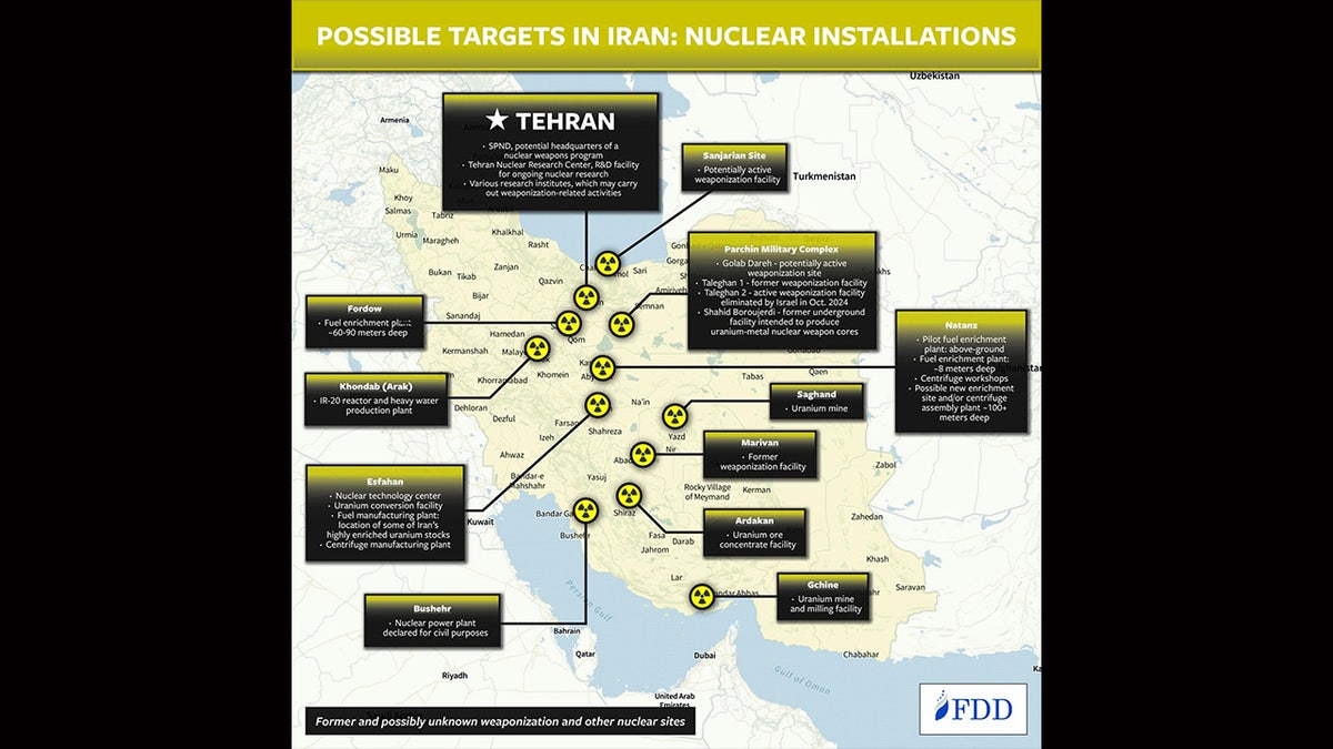 A map showing Iran's possible nuclear sites