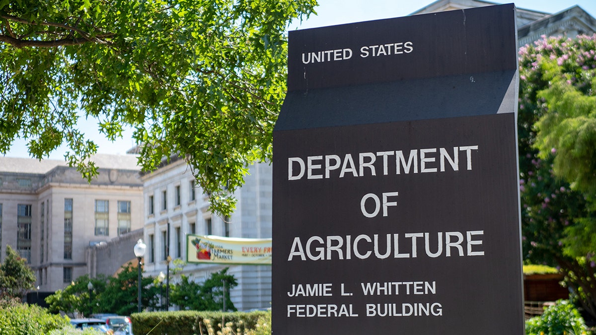 A sign outside the U.S. Dept. of Agriculture building