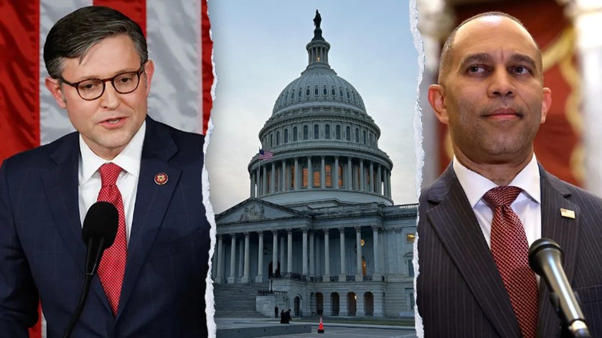 Speaker Mike Johnson, the US Capitol and Hakeem Jeffries