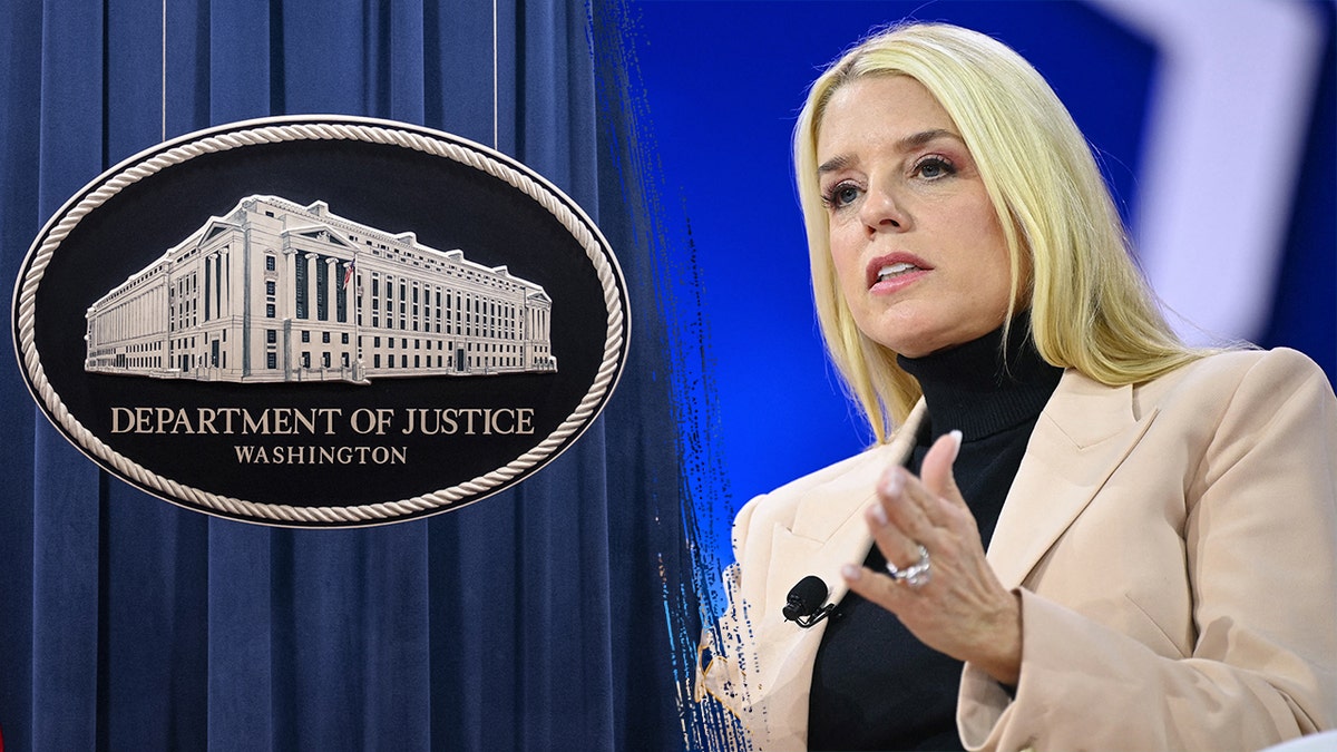 Justice Department logo and Pam Bondi