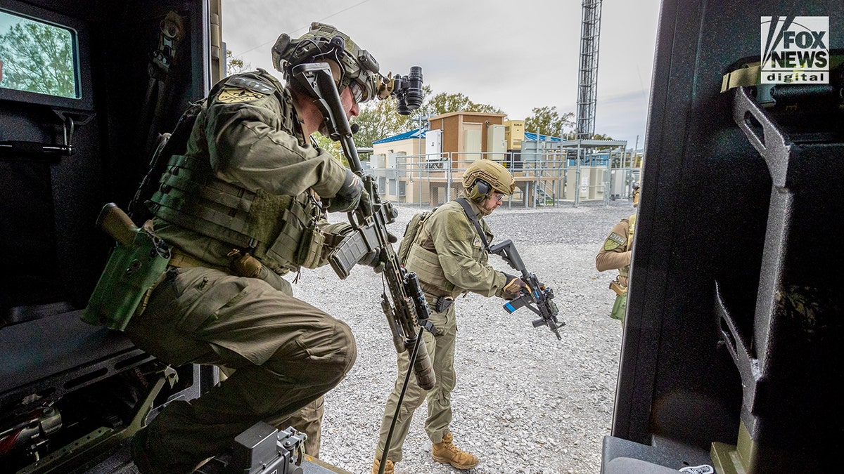 Homeland Security Investigations SWAT Team perform drills at Octovio "Ox" Gonzales SWAT Complex in LaPlas, Louisiana, Wednesday, January 15, 2025. The training, while routine, is part of the upcoming preparations for Super Bowl next month.