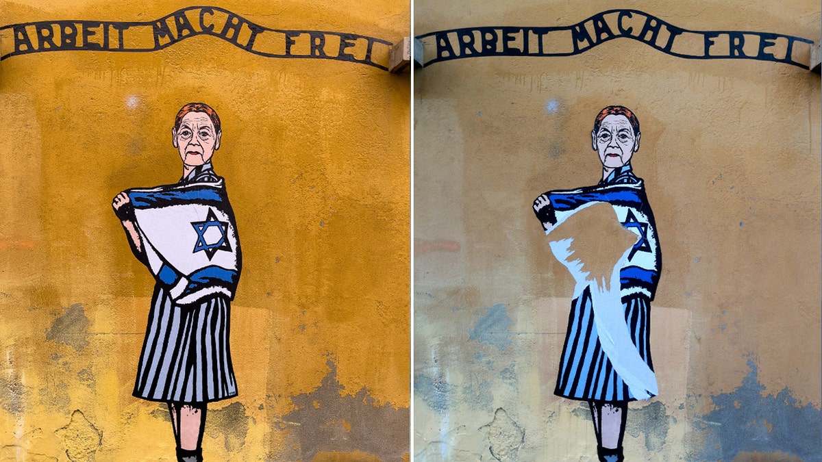 Mural showing a Holocaust survivor before and after it was vandalized