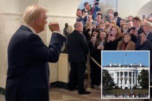 Trump makes surprise appearance on first White House tour of new administration: ‘First lady worked very hard in making it perfect’