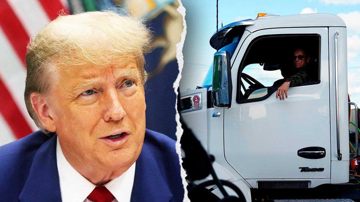 President Trump, left; trucker in cab of big rig, right