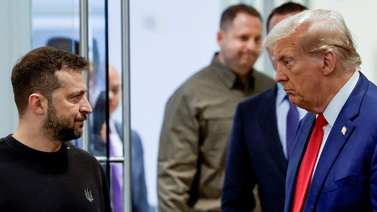 Republican presidential nominee and former U.S. President Donald Trump and Ukraine's President Volodymyr Zelenskiy meet at Trump Tower in New York City, U.S., September 27, 2024. Reuters/Shannon Stapleton