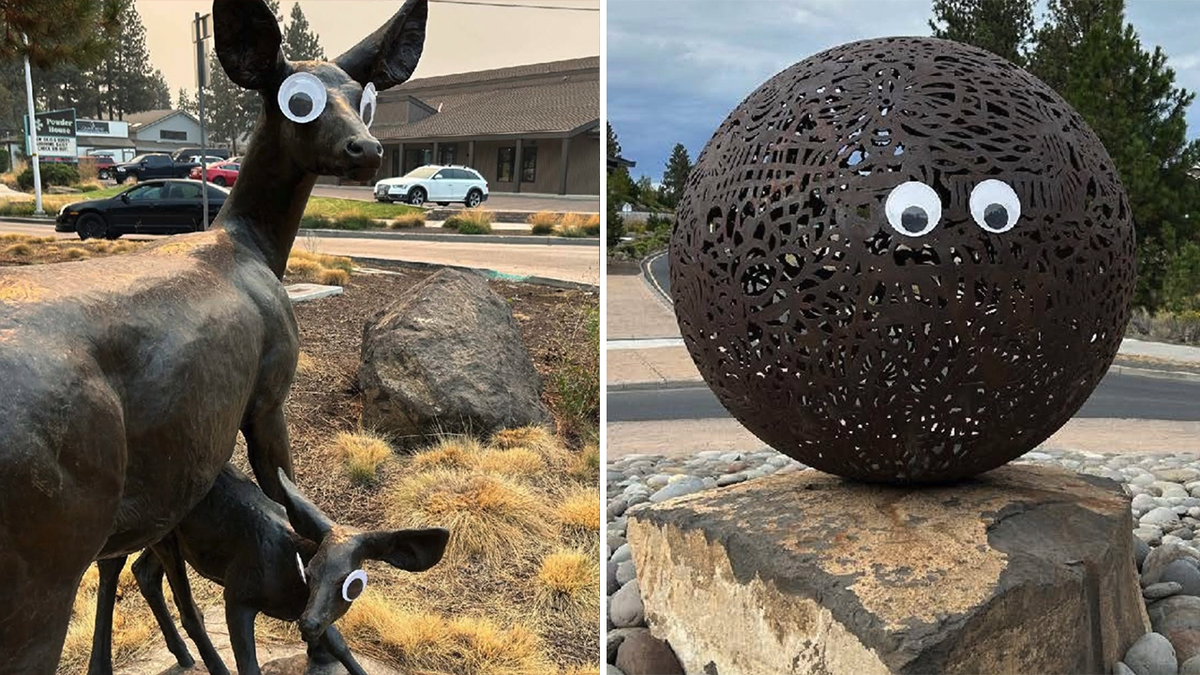 viral prank in Bend, Oregon, googly eyes on art sculptures