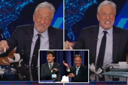 Jon Stewart recalls first bloody on-set incident moments after slicing hand on smashed mug in anger at ex-President Biden: ‘Spurting everywhere’