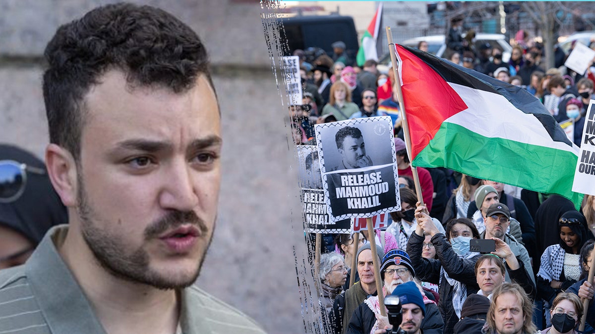 Mahmoud Khalil, left, and protesters, right