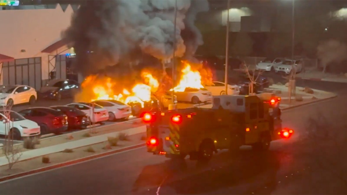 Tesla vehicles ablaze in Las Vegas, seen from air