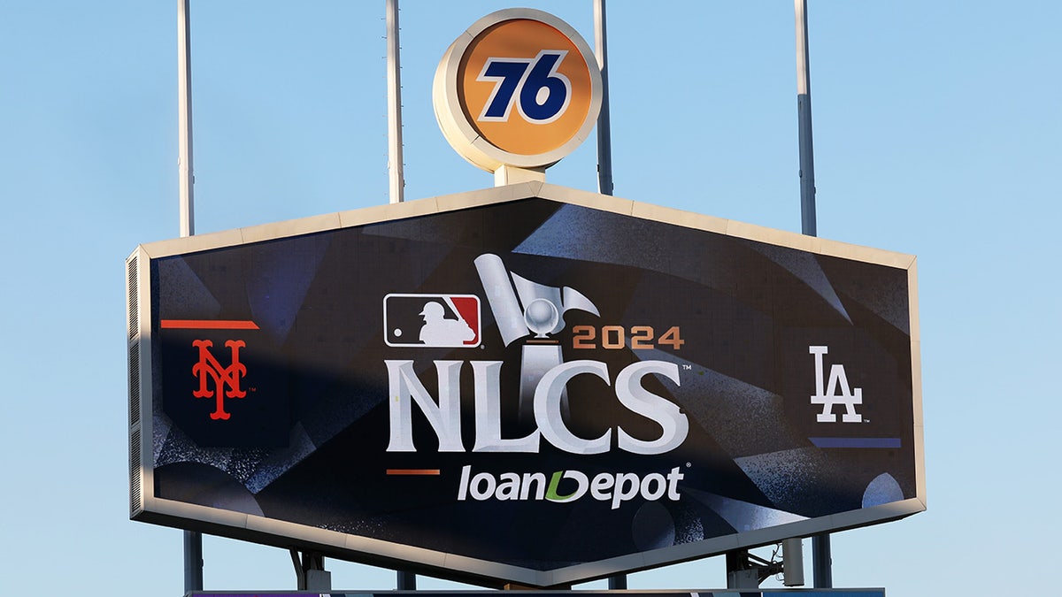 A general view of a score board during the NLCS workouts at Dodgers Stadium on Oct. 12, 2024.