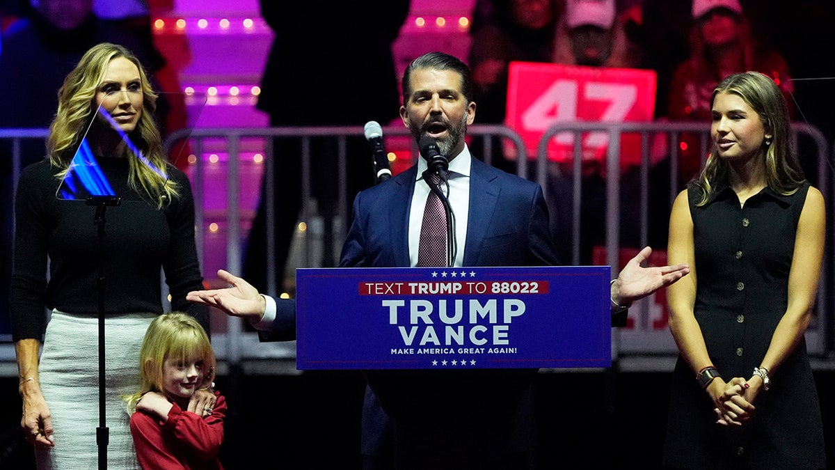 Donald Trump Jr. speaks during a rally for U.S. President-elect Donald Trump