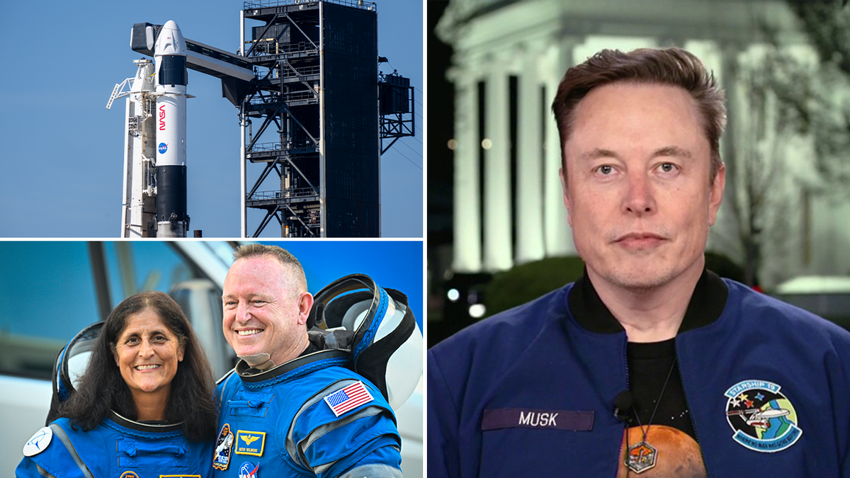 SpaceX vessel at laucnh site (Top left) Astronauts in blue flight gear (Bottom left) Elon Musk (Right)