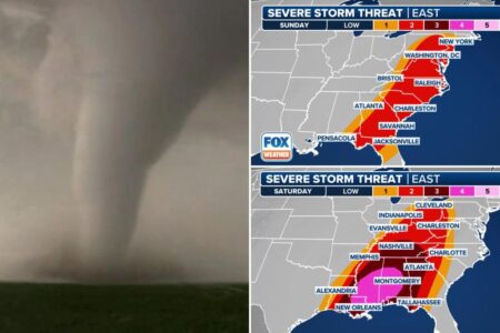 Potential tornadoes and hurricane-force winds threaten eastern, central US this weekend