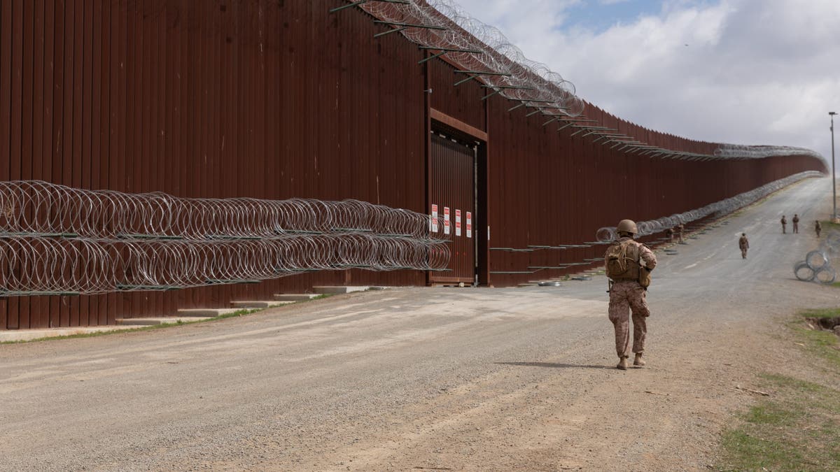 U.S. Marines patrol along the barrier at the southern border near San Ysidro, California, on March 2, 2025. (U.S. Army photo by Pfc. Dominic Atlas)