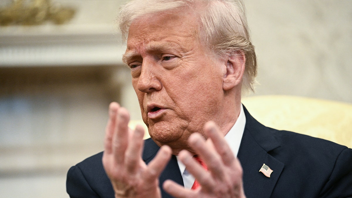 President Donald Trump speaks while using hand gestures