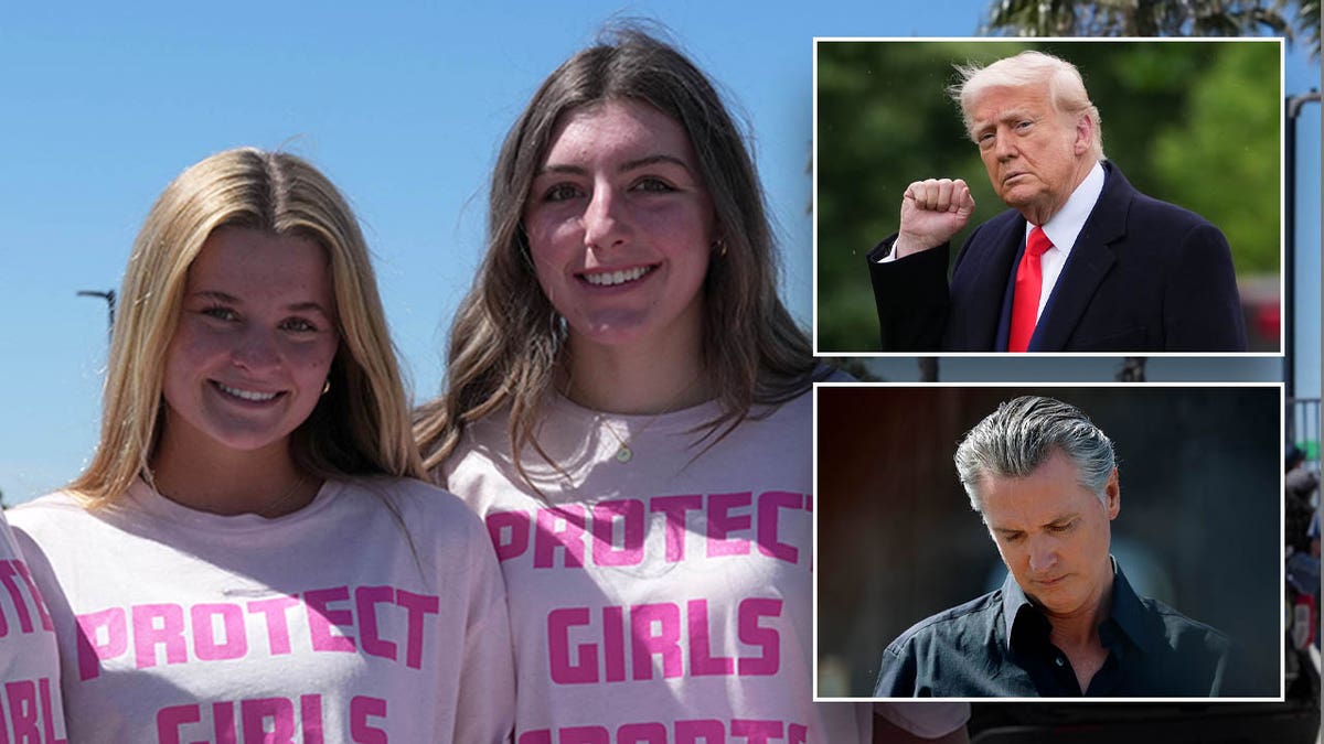 (Right top) President Donald Trump. (Right lower) California Gov. Gavin Newsome. (Left) Spectators wear Protect Girls Sports shirts during the CIF Southern Section Division 3 Track and Field preliminaries at Nathan Shapell Memorial Stadium at Yorba Linda High School on May 10, 2025 in Yorba Linda, California.