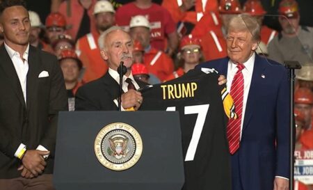 Steelers players join Trump on stage at Pennsylvania event and give him custom jersey