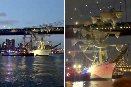 Ship carrying 200 people hits the Brooklyn Bridge as search and rescue operation underway