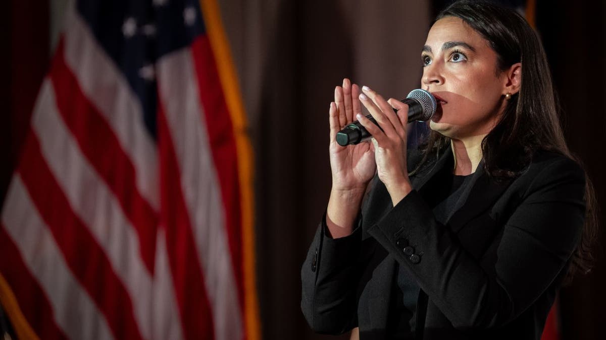Rep. Alexandria Ocasio-Cortez (D-NY) speaks at a town hall gathering on May 2, 2025 in New York City. U.S.