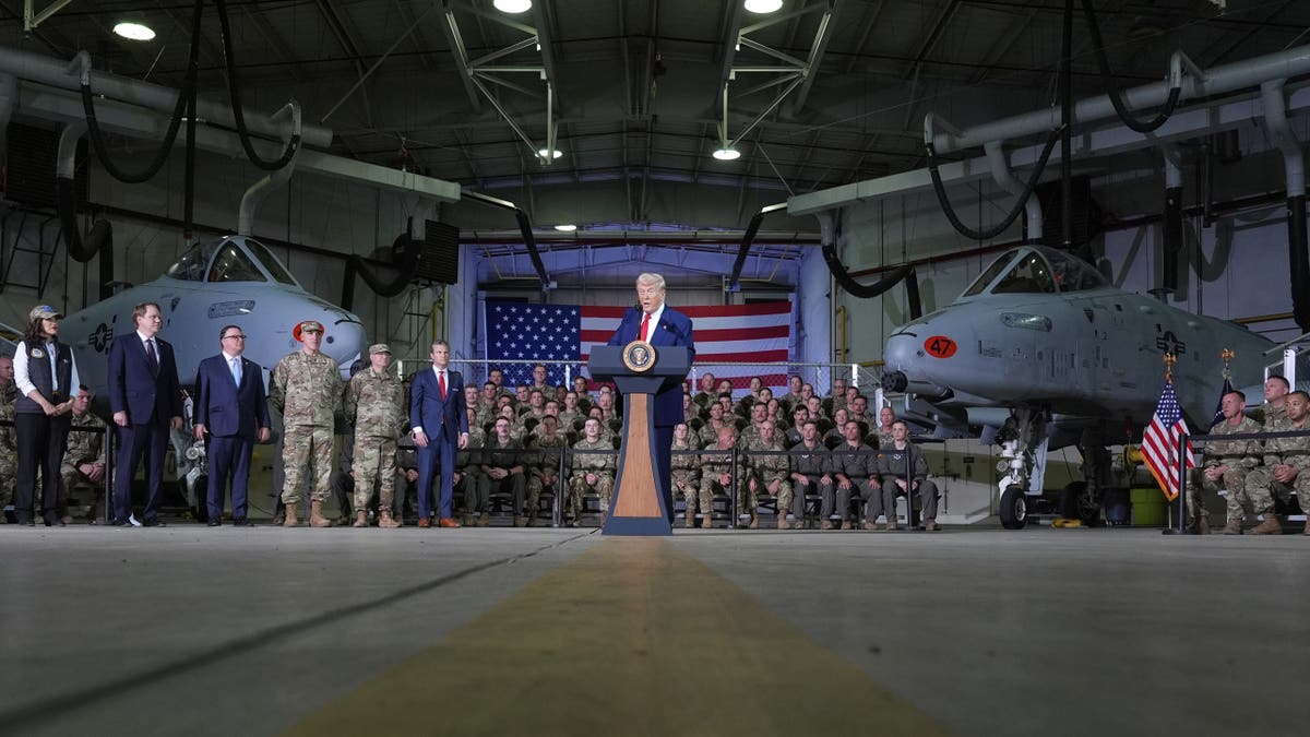 President Donald Trump speaks to members of the Michigan National Guard at Selfridge Air National Guard Base, Tuesday, April 29, 2025, in Harrison Township, Mich. (Alex Brandon/The Associated Press)