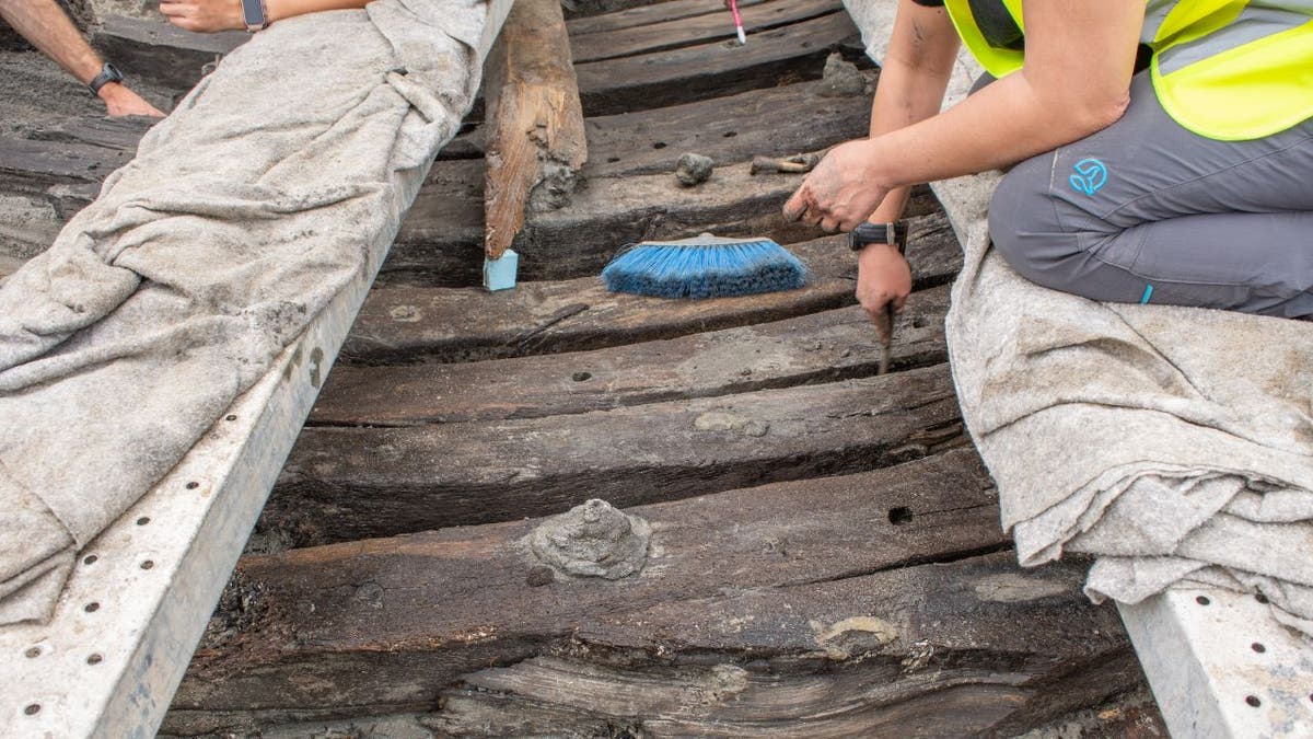 Archaeologists working with wood