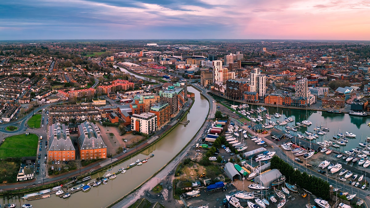 An aerial photo of the Wet Dock in Ipswich, Suffolk, UK at sunrise