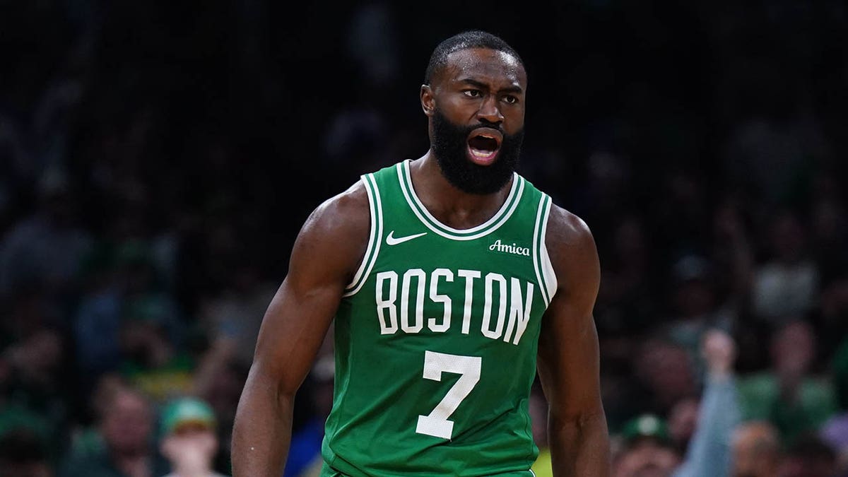 Jaylen Brown reacts on court