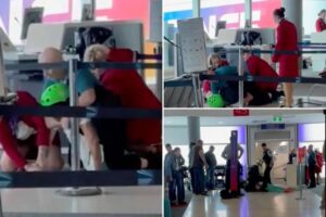 Helmeted hooligan causing chaos at airport is tackled to the ground in dramatic citizen’s arrest, wild video shows