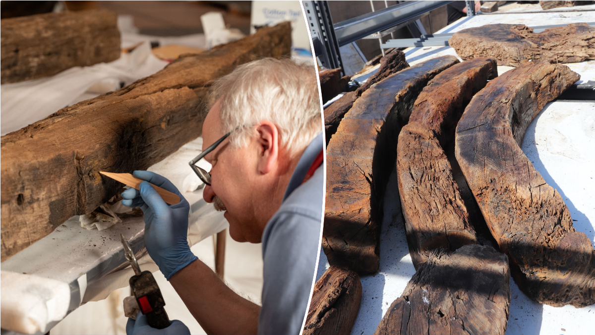 Split image of wood beams, archaeologists working on them