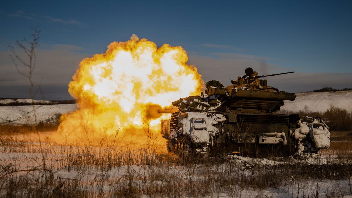 A Ukrainian T64 battle tank fires on a Russian troops position on Jan. 9, 2024, in Donetsk Oblast, Ukraine.