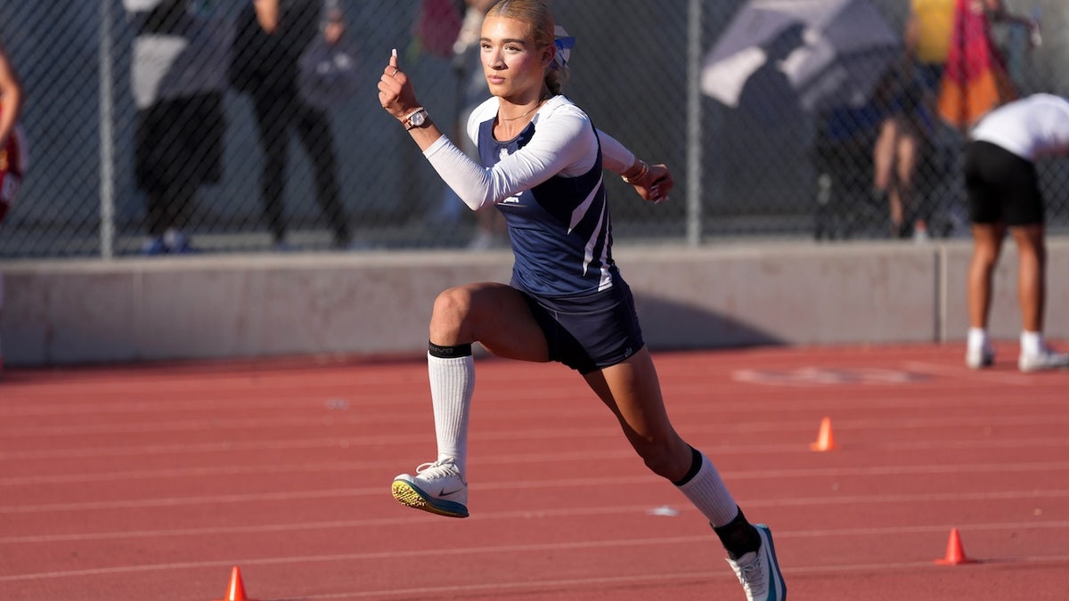 AB Hernandez of Jurupa Valley competes in the girls high jump during the CIF Southern Section Division 3 Track and Field preliminaries at Nathan Shapell Memorial Stadium at Yorba Linda High School on May 10, 2025 in Yorba Linda, California. 