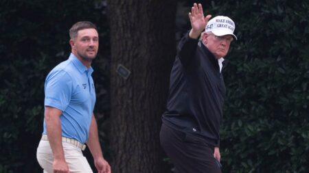 Bryson DeChambeau hits golf balls on White House South Lawn during visit with Trump