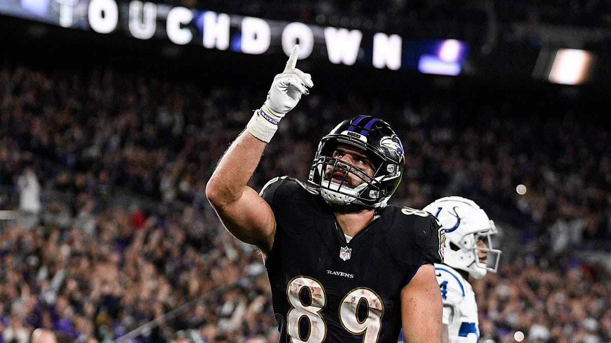 Baltimore Ravens tight end Mark Andrews (89) celebrates his touchdown during the second half of an NFL football game against the Indianapolis Colts, Monday, Oct. 11, 2021, in Baltimore.