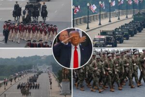 Trump watches on as tanks rumble through and bombers fly over the Army parade route